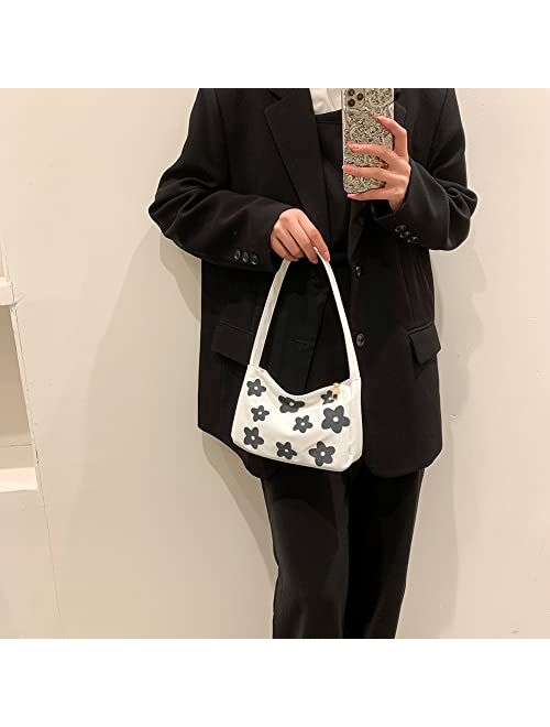 Jqwygb Canvas Underarm Bags for Women, Fashion Flower Style Shoulder Bag, Lightweight Mini Handbags with Zipper Closure