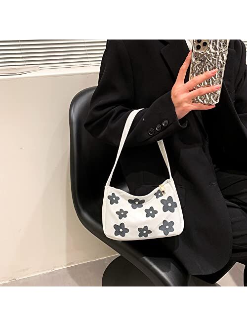 Jqwygb Canvas Underarm Bags for Women, Fashion Flower Style Shoulder Bag, Lightweight Mini Handbags with Zipper Closure