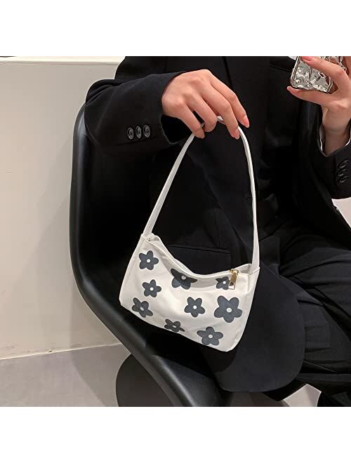 Jqwygb Canvas Underarm Bags for Women, Fashion Flower Style Shoulder Bag, Lightweight Mini Handbags with Zipper Closure