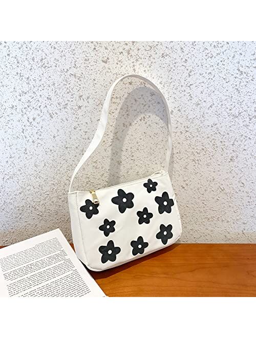 Jqwygb Canvas Underarm Bags for Women, Fashion Flower Style Shoulder Bag, Lightweight Mini Handbags with Zipper Closure