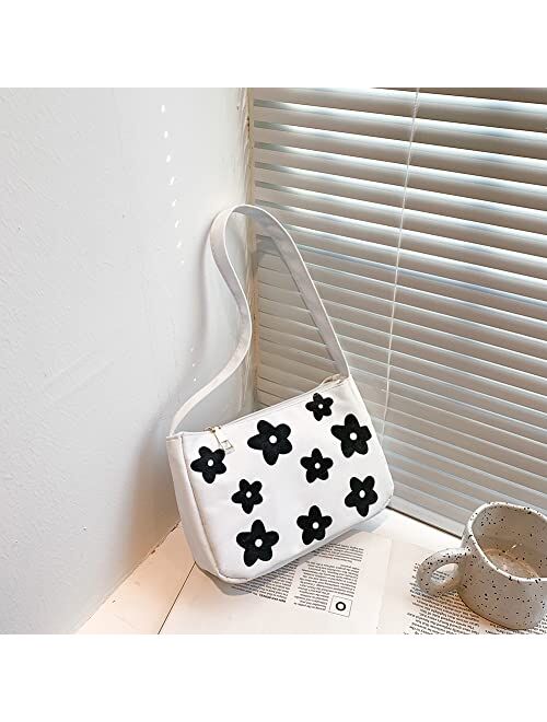 Jqwygb Canvas Underarm Bags for Women, Fashion Flower Style Shoulder Bag, Lightweight Mini Handbags with Zipper Closure