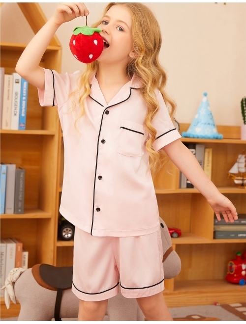 Ekouaer Boys Girls Satin Pajamas Set Silk Pjs Short Sleeve Kids 2 Piece Sleepwear Button-Down Nightwear(4-12T)