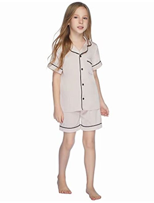 Ekouaer Boys Girls Satin Pajamas Set Silk Pjs Short Sleeve Kids 2 Piece Sleepwear Button-Down Nightwear(4-12T)