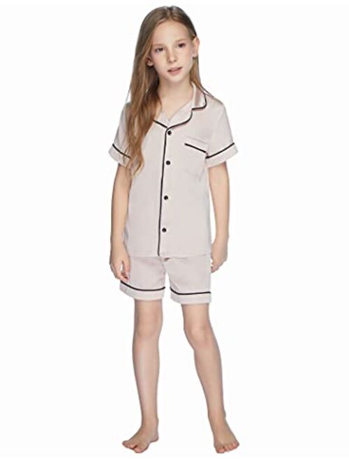 4-12T Ekouaer Boys Girls Satin Pajamas Set Silk Pjs Short Sleeve Kids 2 Piece Sleepwear Button-Down Nightwear 