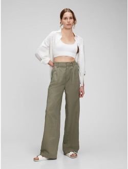 High Rise Linen Pleated Wide Leg Pants with Washwell