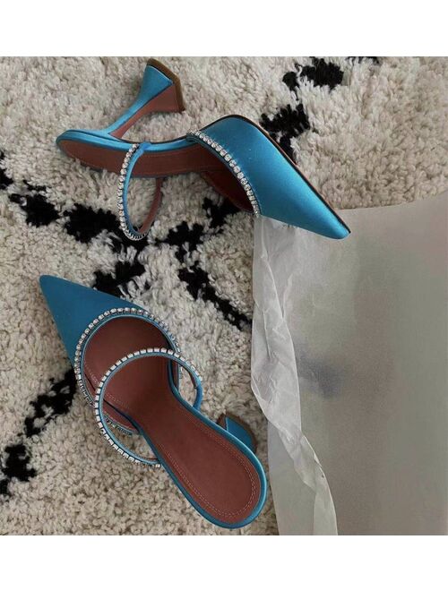 2021 Rhinestones satin Women Pumps Slippers Elegant Pointed toe High heels Lady Mules Sildes Summer Fashion Party prom Shoes