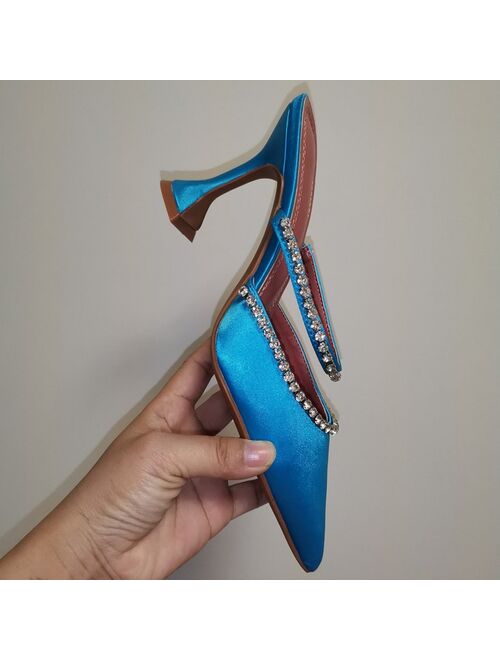 2021 Rhinestones satin Women Pumps Slippers Elegant Pointed toe High heels Lady Mules Sildes Summer Fashion Party prom Shoes