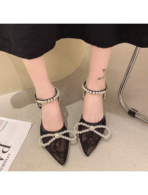 Rimocy Elegant Ladies Pearl Strap Pumps 2021 Summer Sexy Black Mesh High Heels Sandals Women Pointed Toe Thin Heeled Dress Shoes