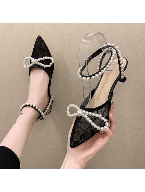 Rimocy Elegant Ladies Pearl Strap Pumps 2021 Summer Sexy Black Mesh High Heels Sandals Women Pointed Toe Thin Heeled Dress Shoes