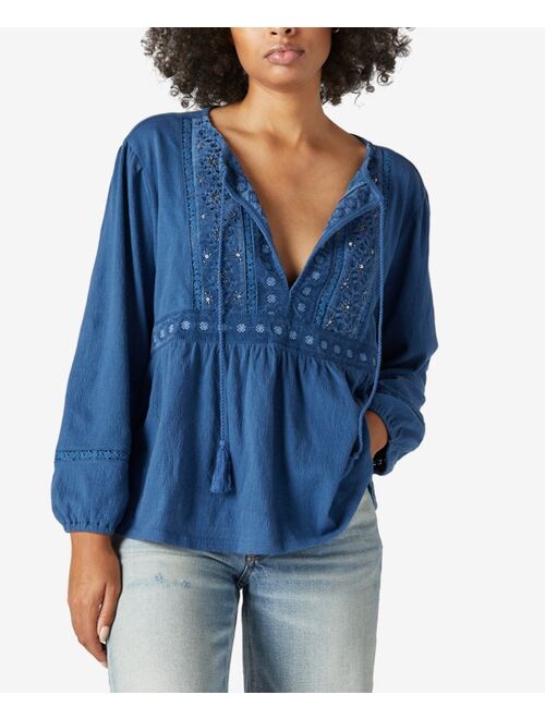 Lucky Brand Embellished Textured Peasant Blouse