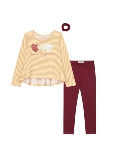 BTween Little Girls Long Sleeve Peplum Top with Sequin Triple Hearts and Legging with GWP Scrunchie