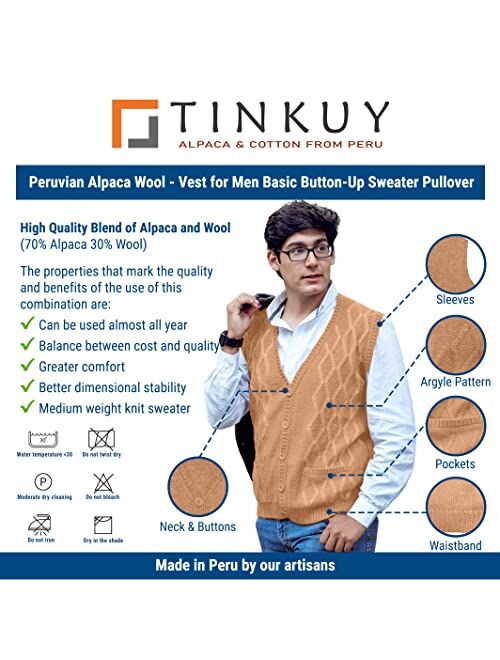 TINKUY Peru - Peruvian Alpaca Wool - Men´s Knitwear V-Neck Jacquard Vest Sweater Waistcoat
