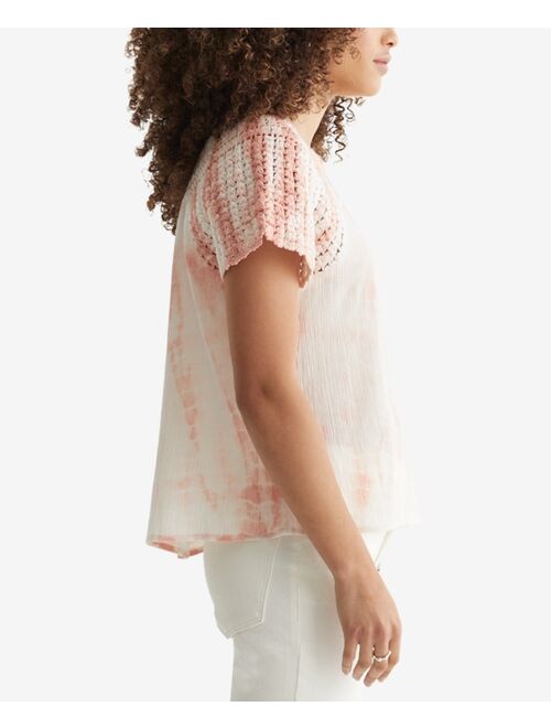 Lucky Brand Cotton Crochet-Neck Textured Top
