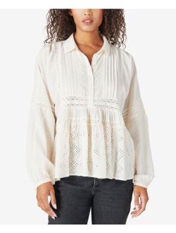 Embroidered Long Sleeve Popover Top