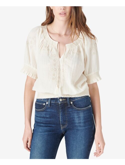 Lucky Brand Tassel-Tie Embroidered Short-Sleeve Top