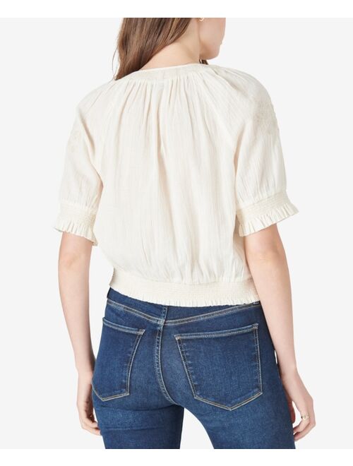 Lucky Brand Tassel-Tie Embroidered Short-Sleeve Top