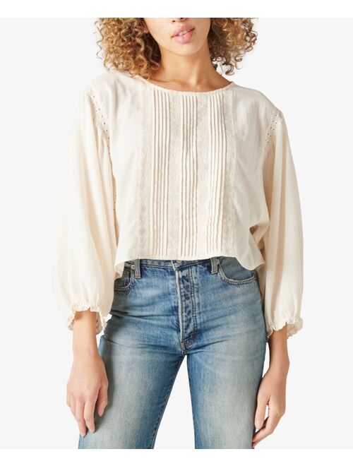 Lucky Brand Embroidered Crochet-Trimmed Blouse
