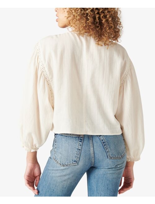 Lucky Brand Embroidered Crochet-Trimmed Blouse