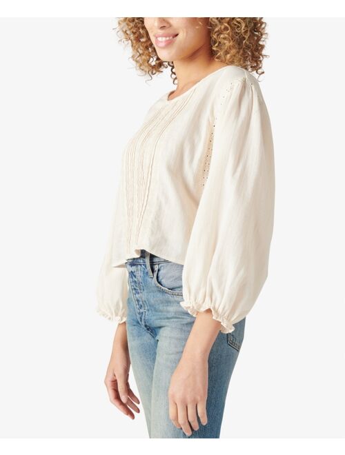 Lucky Brand Embroidered Crochet-Trimmed Blouse