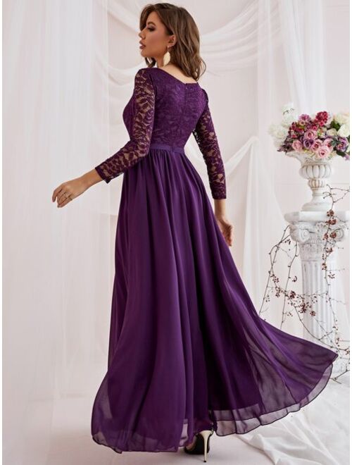 Shein Guipure Lace Insert Chiffon Prom Dress