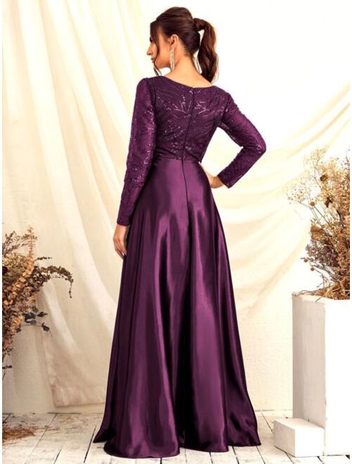 Shein Sequin Decor Mesh Panel Satin Formal Dress