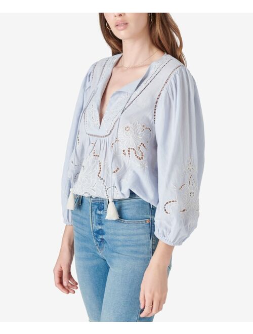 Lucky Brand Embroidered Puff-Sleeve Peasant Blouse