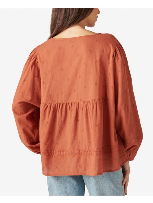 Lucky Brand Crochet-Trimmed Embroidered Blouse