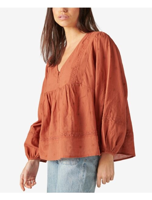 Lucky Brand Crochet-Trimmed Embroidered Blouse