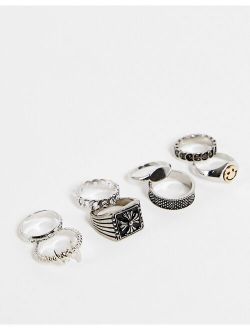 8 pack vintage ring set with mixed textures in silver tone