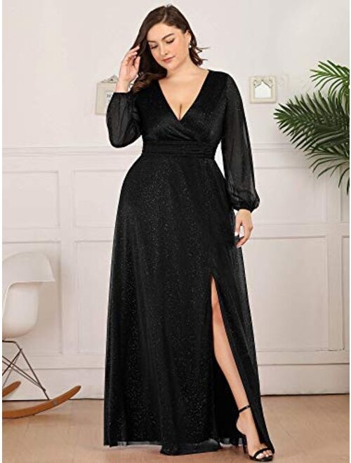 Ever-Pretty Women's Leg Slit V-Neck Sparkle Plus Size Evening Party Dress with Sleeves 0739-PZ