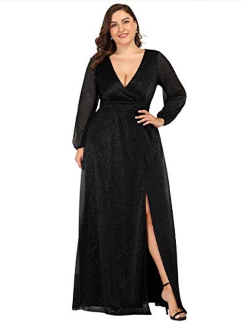 Ever-Pretty Women's Leg Slit V-Neck Sparkle Plus Size Evening Party Dress with Sleeves 0739-PZ
