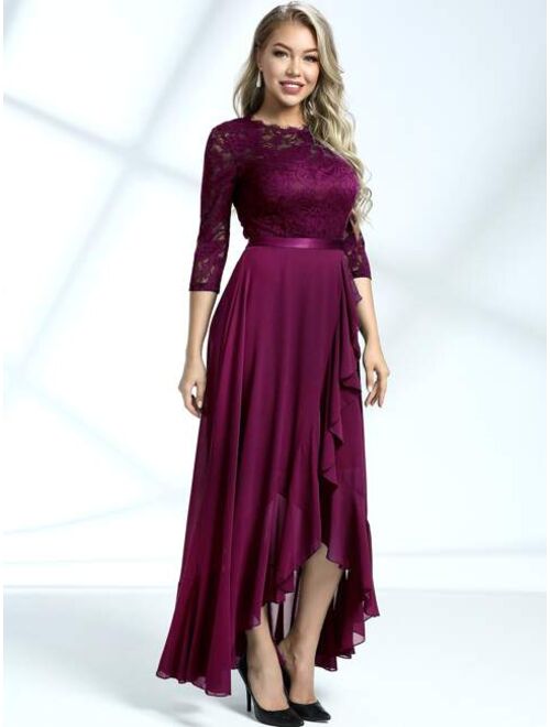 MIUSOL Lace Bodice Ruffle Trim Wrap Prom Dress