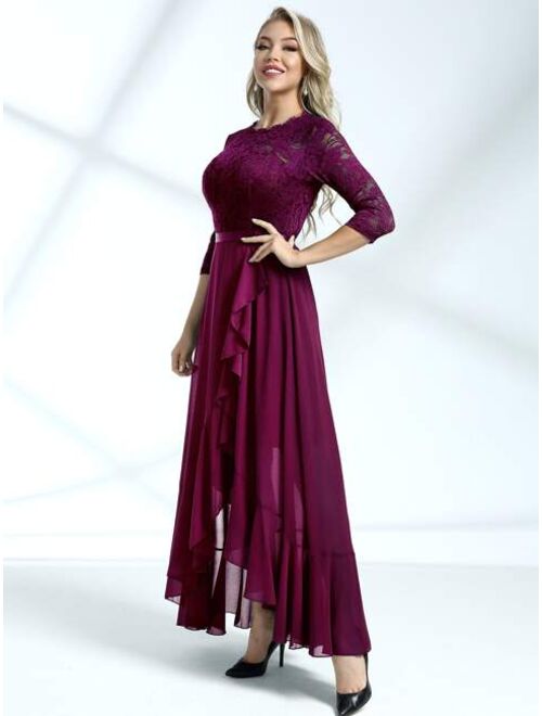 MIUSOL Lace Bodice Ruffle Trim Wrap Prom Dress