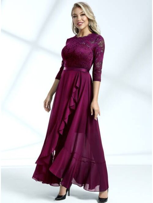 MIUSOL Lace Bodice Ruffle Trim Wrap Prom Dress