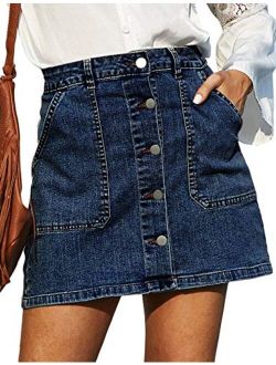 Women's Casual Button Down Denim Skirt High Waist Bodycon Pockets Jean Short Skirt