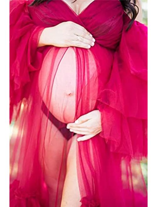 yinyyinhs Long Tulle Robe Sheer Puffy Maternity Photoshoot Dressing Gown