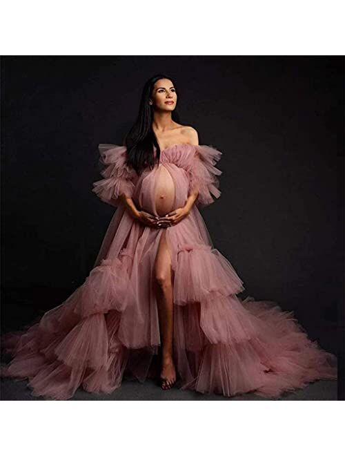yinyyinhs Long Tulle Robe Sheer Puffy Maternity Photoshoot Dressing Gown