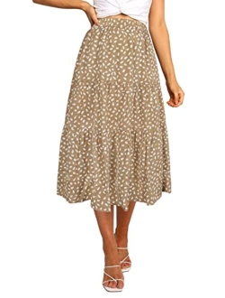 Women's Boho Leopard Print Skirt Pleated A-Line Swing Midi Skirts