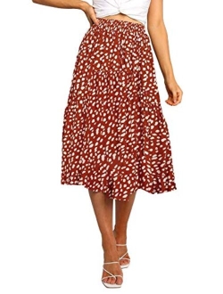 Women's Boho Leopard Print Skirt Pleated A-Line Swing Midi Skirts