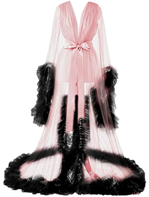 Fangjian Women's Long Bridal Robes Tulle Lingerie Maternity Bathrobe Photoshoot Illusion Wedding Scarf Party Nightgown
