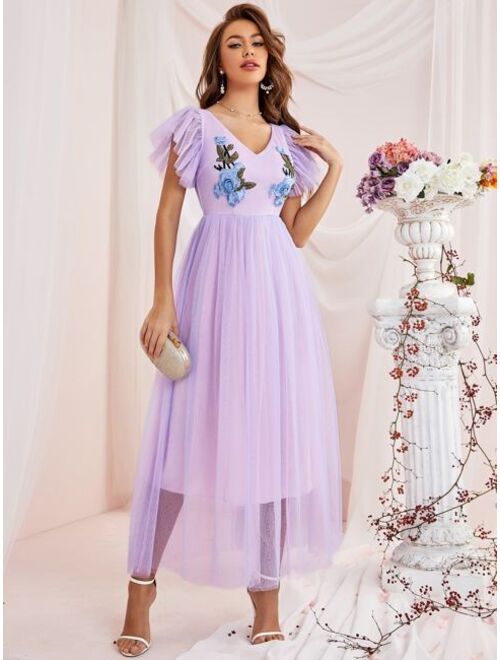 Shein Floral Embroidery Butterfly Sleeve Mesh Maxi Dress