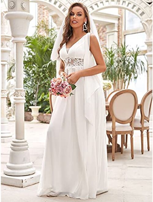 Ever-Pretty Women's Illusion Long Appliques Chiffon Wedding Dresses 90330
