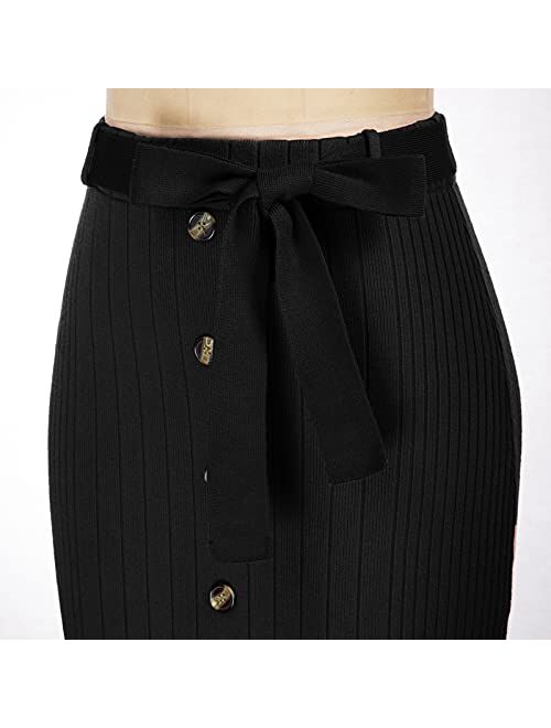 GRACE KARIN Women's Rib-Knit Skirts Stretchy Bodycon Knee Length Skirt with Belt