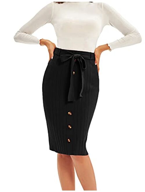 GRACE KARIN Women's Rib-Knit Skirts Stretchy Bodycon Knee Length Skirt with Belt