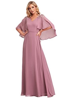 Women's Applique Chiffon Long Sleeve Maxi Formal Evening Party Dress 0638