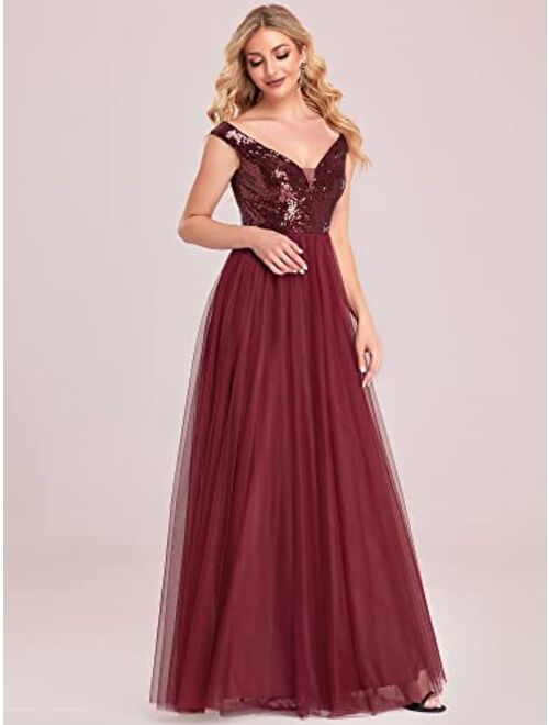Ever-Pretty Womens V Neck Sequin Tulle A Line Evening Formal Dress 0277
