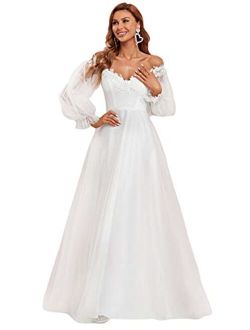 Women's A Line V Neck Floor-Length Off Shoulder Long Sleeves Puffy Tulle Wedding Dress for Bride 90326