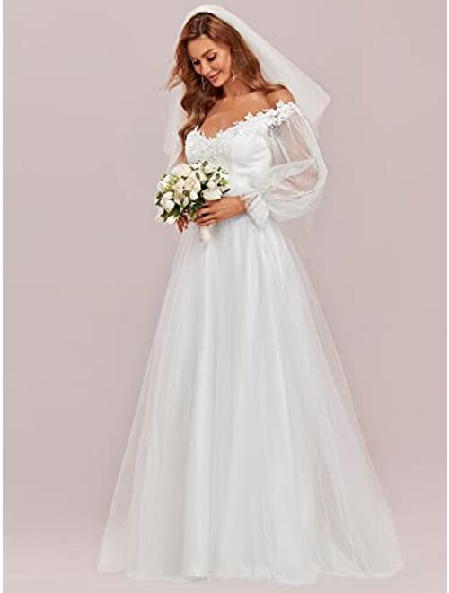Ever-Pretty Women's A Line V Neck Floor-Length Off Shoulder Long Sleeves Puffy Tulle Wedding Dress for Bride 90326