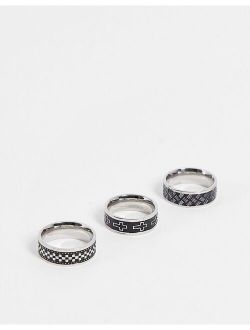 3 pack stainless steel band ring set with crosses and emboss in silver tone