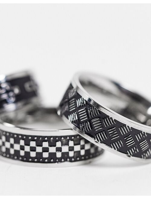 ASOS DESIGN 3 pack stainless steel band ring set with crosses and emboss in silver tone